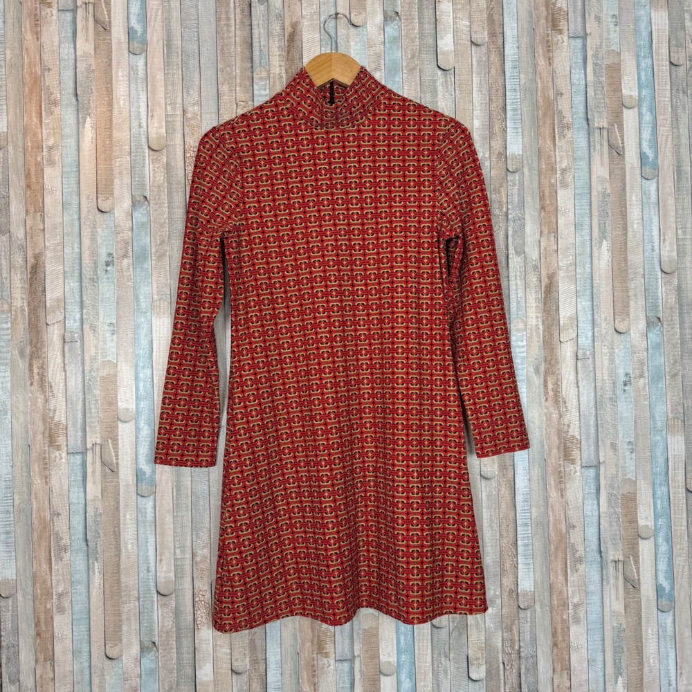 Jude Connally Red Mod Geometric Chain Link Mock Neck Mini‎ Shift Dress Jersey S